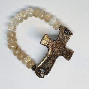 VTG Textured Brass Cross Bracelet with Cream Beads